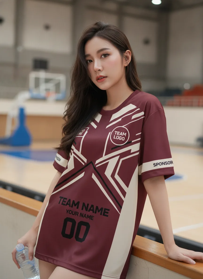 เสื้อกีฬาสีแดงเลือดหมู ลายอาร์ตเดโค ครีม สั่งทำ มุมที่ 2 เสื้อกีฬาสีแดงเลือดหมู ลายอาร์ตเดโค ครีม สั่งทำ มุมที่ 2