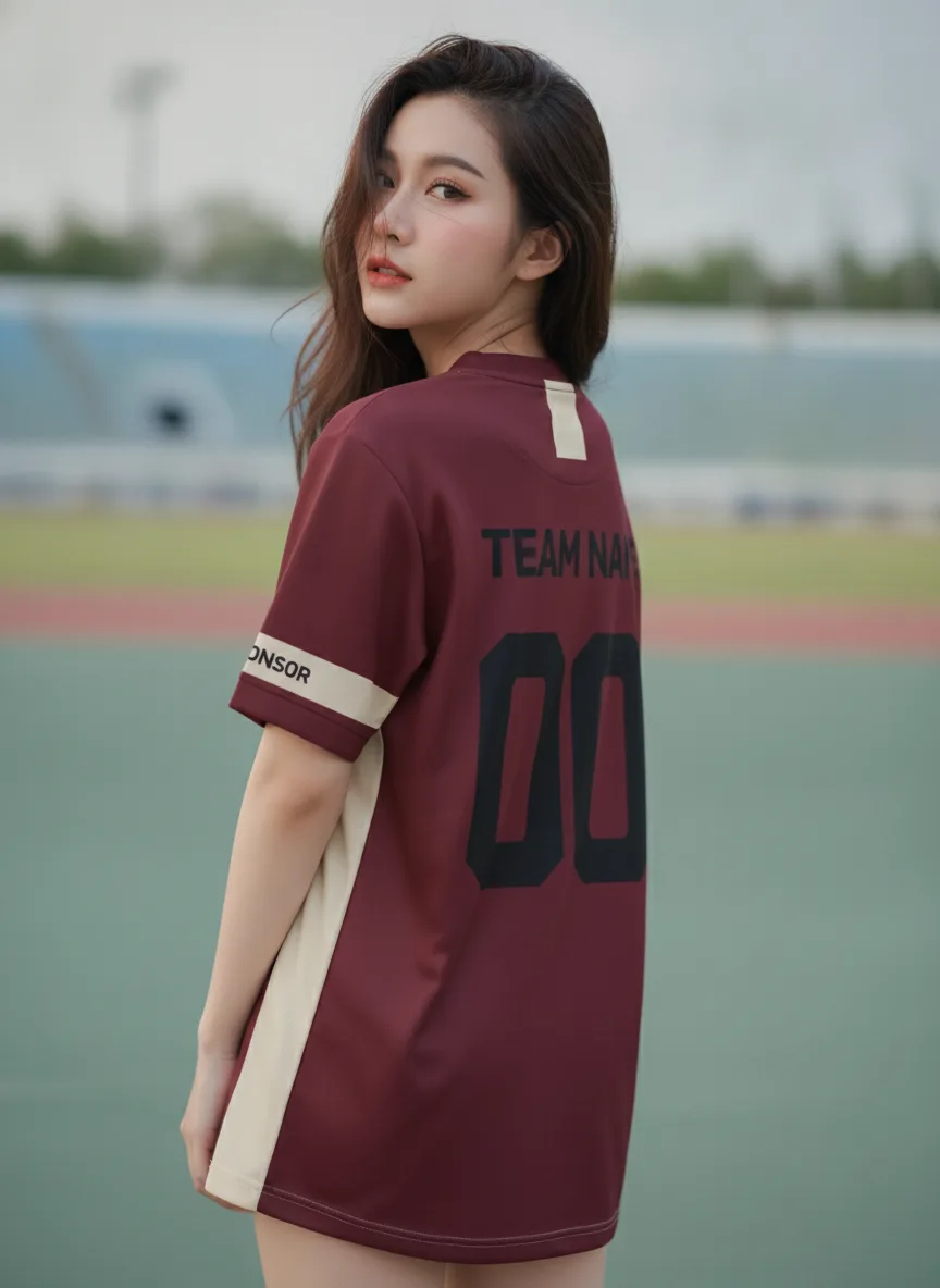 เสื้อกีฬาสีแดงเลือดหมู ลายอาร์ตเดโค ครีม สั่งทำ ด้านหลัง เสื้อกีฬาสีแดงเลือดหมู ลายอาร์ตเดโค ครีม สั่งทำ ด้านหลัง