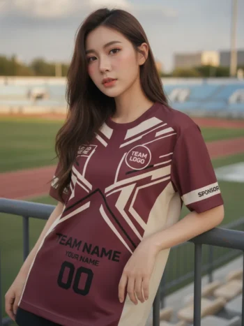 นางแบบใส่เสื้อกีฬาสีแดงเลือดหมู ลายอาร์ตเดโค ครีม สั่งทำ สั่งทำใส่ชื่อทีม