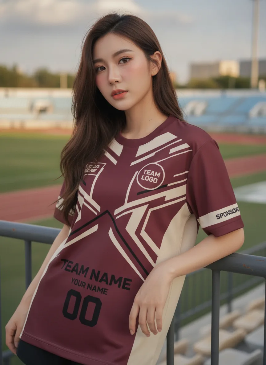 นางแบบใส่เสื้อกีฬาสีแดงเลือดหมู ลายอาร์ตเดโค ครีม สั่งทำ สั่งทำใส่ชื่อทีม