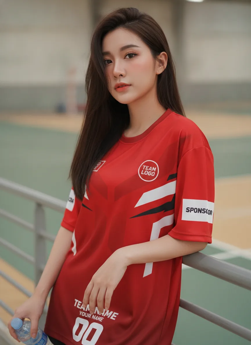 เสื้อกีฬาสีแดง ลายลูกศรขนนก ขาว-ดำ สั่งทำใส่ชื่อ มุมที่ 2 เสื้อกีฬาสีแดง ลายลูกศรขนนก ขาว-ดำ สั่งทำใส่ชื่อ มุมที่ 2