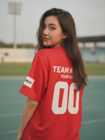 เสื้อกีฬาสีแดง ลายลูกศรขนนก ขาว-ดำ สั่งทำใส่ชื่อ ด้านหลัง