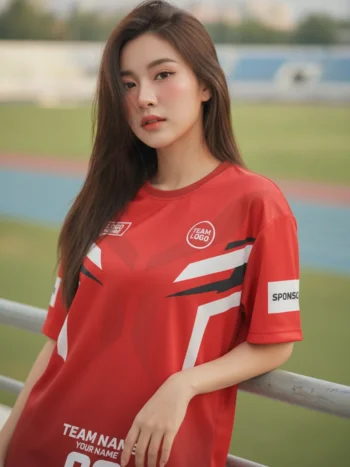 นางแบบใส่เสื้อกีฬาสีแดง ลายลูกศรขนนก ขาว-ดำ สั่งทำใส่ชื่อ สั่งทำใส่ชื่อทีม