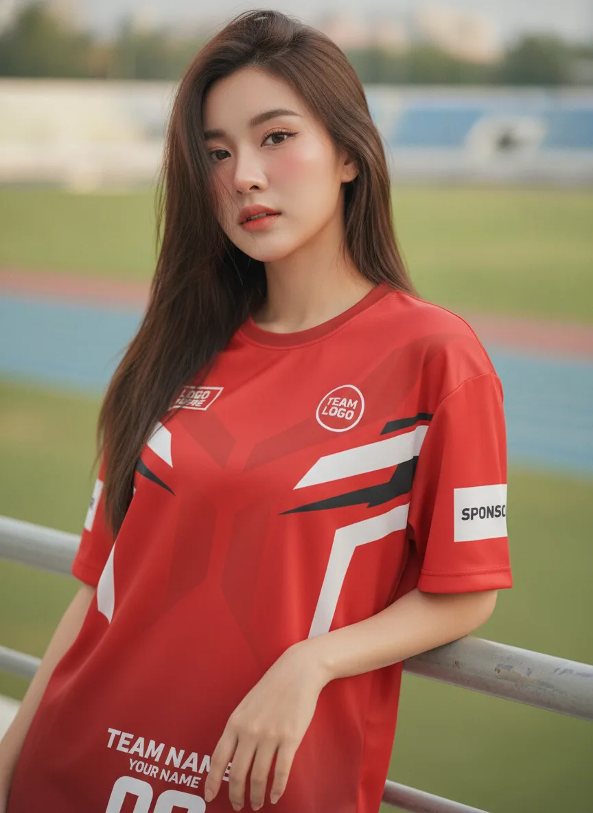 นางแบบใส่เสื้อกีฬาสีแดง ลายลูกศรขนนก ขาว-ดำ สั่งทำใส่ชื่อ สั่งทำใส่ชื่อทีม นางแบบใส่เสื้อกีฬาสีแดง ลายลูกศรขนนก ขาว-ดำ สั่งทำใส่ชื่อ สั่งทำใส่ชื่อทีม