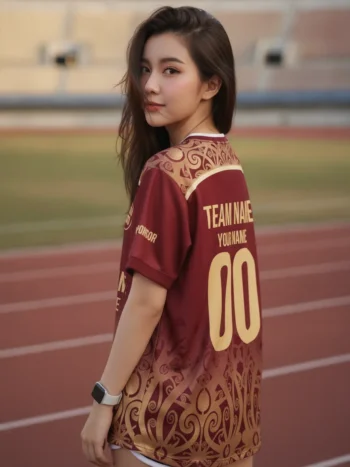 เสื้อกีฬาสีแดงเข้ม ลายบาโรกทอง วินเทจ สั่งทำ ด้านหลัง
