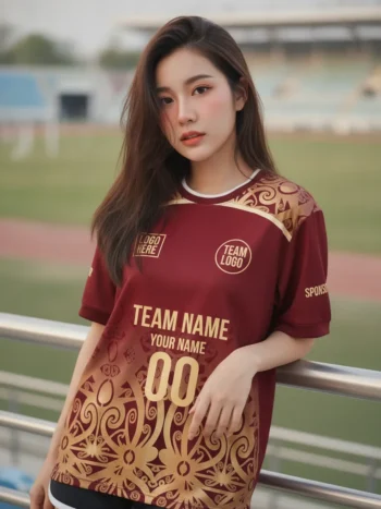 นางแบบใส่เสื้อกีฬาสีแดงเข้ม ลายบาโรกทอง วินเทจ สั่งทำ สั่งทำใส่ชื่อทีม