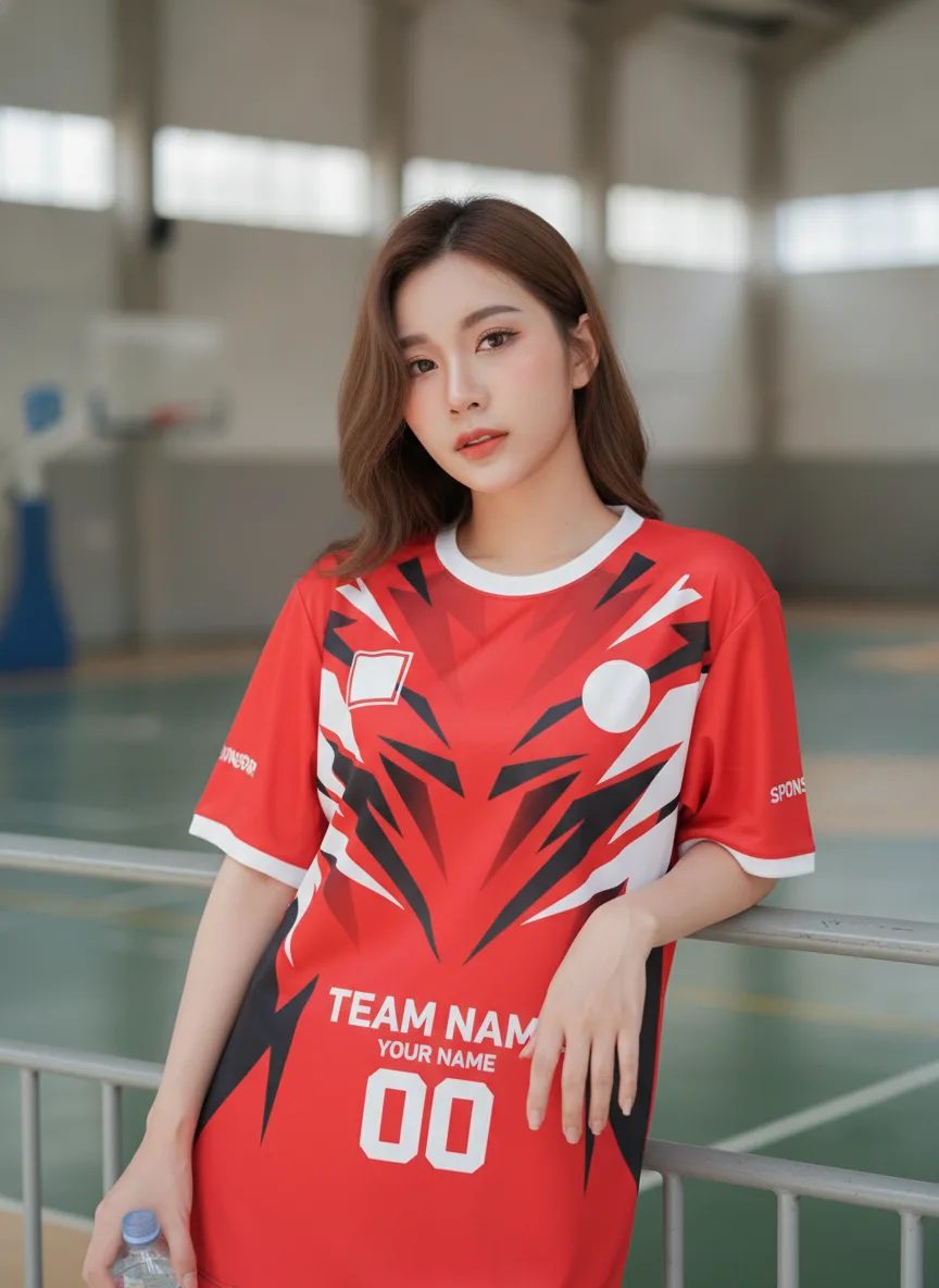 เสื้อกีฬาสีแดง ลายเส้นทแยงมินิมอล ขาว-ดำ สั่งทำ มุมที่ 2 เสื้อกีฬาสีแดง ลายเส้นทแยงมินิมอล ขาว-ดำ สั่งทำ มุมที่ 2