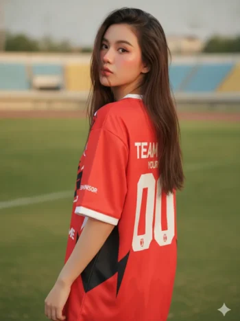 เสื้อกีฬาสีแดง ลายเส้นทแยงมินิมอล ขาว-ดำ สั่งทำ ด้านหลัง