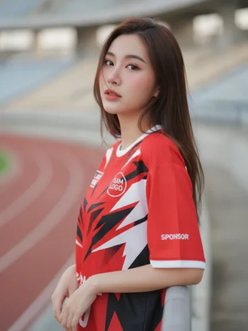 นางแบบใส่เสื้อกีฬาสีแดง ลายเส้นทแยงมินิมอล ขาว-ดำ สั่งทำ สั่งทำใส่ชื่อทีม