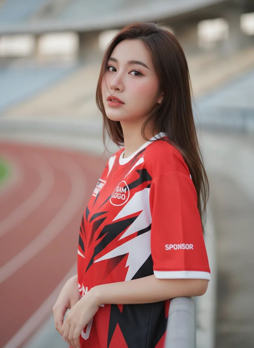 นางแบบใส่เสื้อกีฬาสีแดง ลายเส้นทแยงมินิมอล ขาว-ดำ สั่งทำ สั่งทำใส่ชื่อทีม