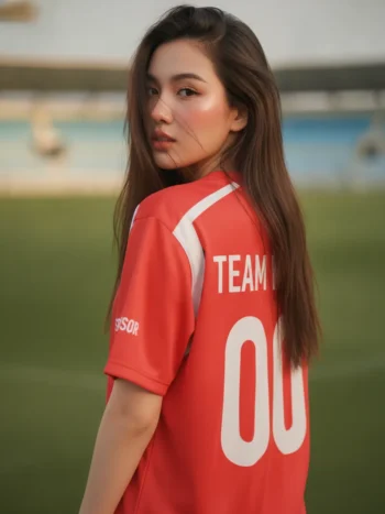 เสื้อกีฬาสีแดง ลายลูกศรลง เรขาคณิต สั่งทำใส่ชื่อ ด้านหลัง