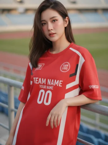 นางแบบใส่เสื้อกีฬาสีแดง ลายลูกศรลง เรขาคณิต สั่งทำใส่ชื่อ สั่งทำใส่ชื่อทีม