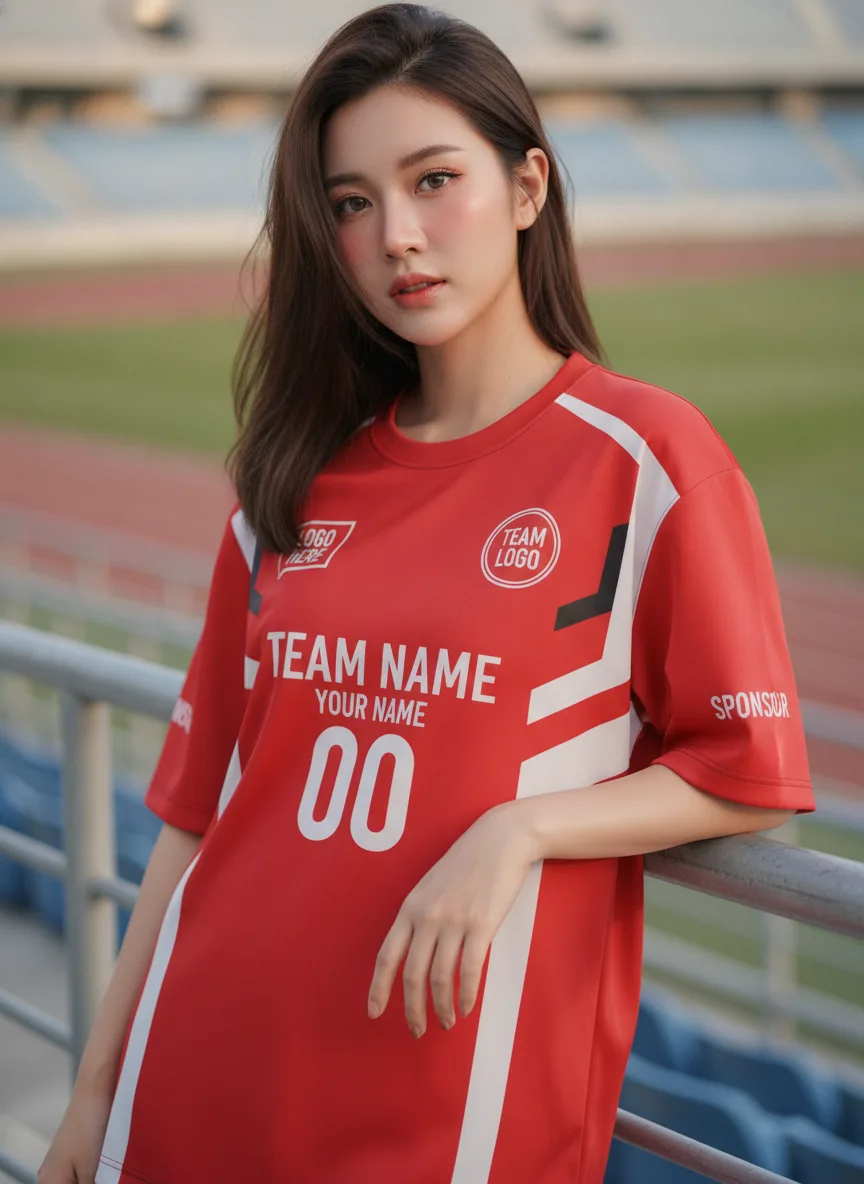 นางแบบใส่เสื้อกีฬาสีแดง ลายลูกศรลง เรขาคณิต สั่งทำใส่ชื่อ สั่งทำใส่ชื่อทีม