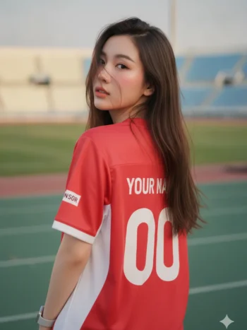เสื้อกีฬาสีแดง ลายเชฟรอน 3D faceted ขาว สั่งทำ ด้านหลัง