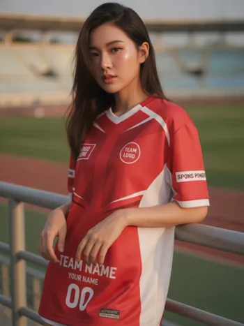 นางแบบใส่เสื้อกีฬาสีแดง ลายเชฟรอน 3D faceted ขาว สั่งทำ สั่งทำใส่ชื่อทีม