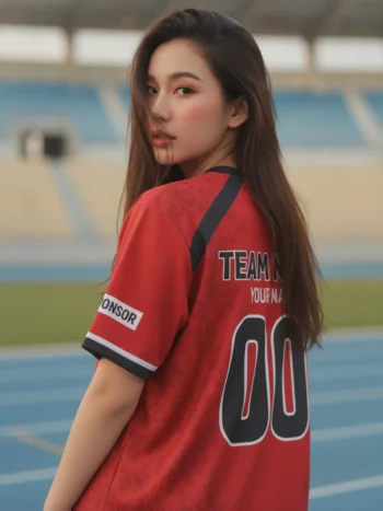 เสื้อกีฬาสีแดง ลายอัญมณีเรขาคณิต แดง-เทา สั่งทำ ด้านหลัง