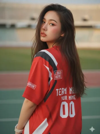 เสื้อกีฬาสีแดง ลายตะแกรงข้าวหลามตัด ขาว-ดำ สั่งทำ ด้านหลัง