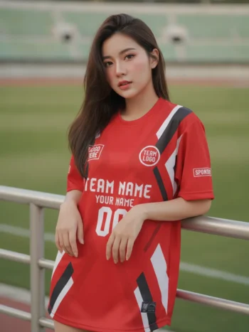นางแบบใส่เสื้อกีฬาสีแดง ลายตะแกรงข้าวหลามตัด ขาว-ดำ สั่งทำ สั่งทำใส่ชื่อทีม