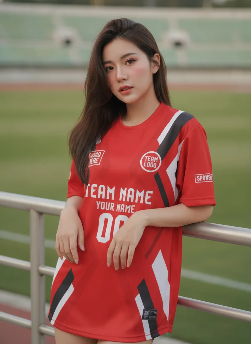 นางแบบใส่เสื้อกีฬาสีแดง ลายตะแกรงข้าวหลามตัด ขาว-ดำ สั่งทำ สั่งทำใส่ชื่อทีม นางแบบใส่เสื้อกีฬาสีแดง ลายตะแกรงข้าวหลามตัด ขาว-ดำ สั่งทำ สั่งทำใส่ชื่อทีม