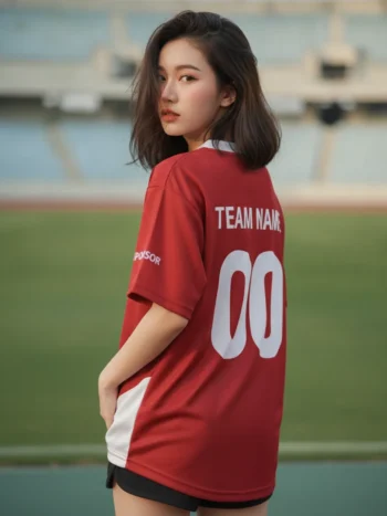 เสื้อกีฬาสีแดง ลายโลว์โพลีสามเหลี่ยม ขาว สั่งทำ ด้านหลัง