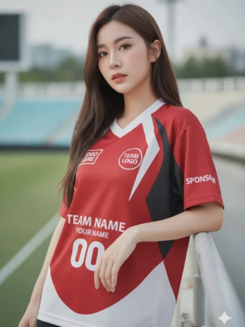 นางแบบใส่เสื้อกีฬาสีแดง ลายโลว์โพลีสามเหลี่ยม ขาว สั่งทำ สั่งทำใส่ชื่อทีม