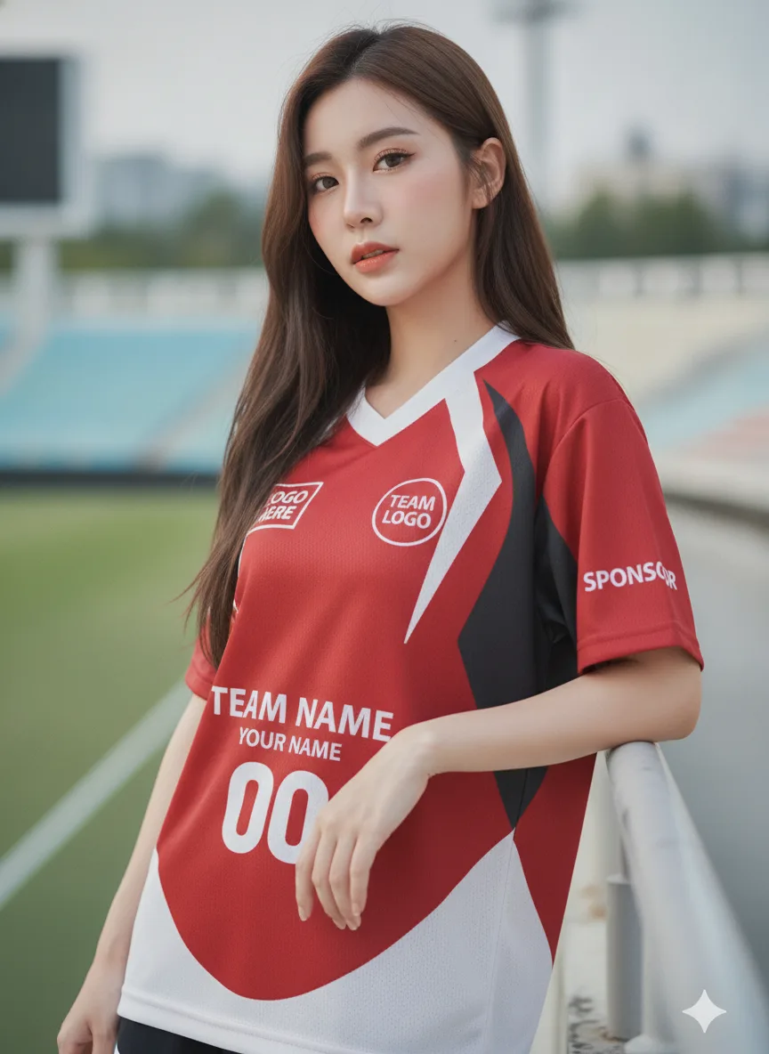 นางแบบใส่เสื้อกีฬาสีแดง ลายโลว์โพลีสามเหลี่ยม ขาว สั่งทำ สั่งทำใส่ชื่อทีม