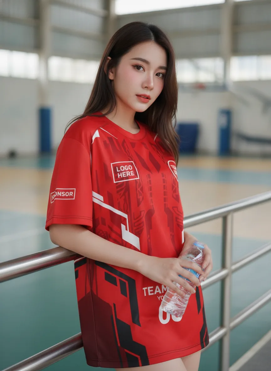 เสื้อกีฬาสีแดง ลายเมคาเทค ขาว-ดำ สั่งทำใส่ชื่อ มุมที่ 2 เสื้อกีฬาสีแดง ลายเมคาเทค ขาว-ดำ สั่งทำใส่ชื่อ มุมที่ 2