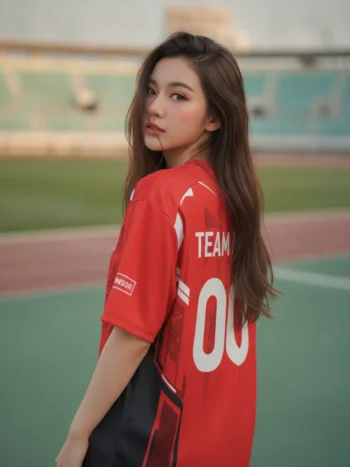 เสื้อกีฬาสีแดง ลายเมคาเทค ขาว-ดำ สั่งทำใส่ชื่อ ด้านหลัง