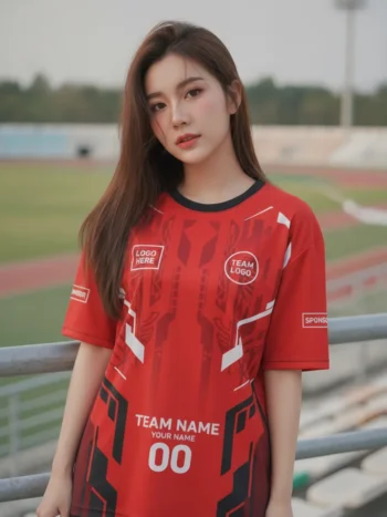 นางแบบใส่เสื้อกีฬาสีแดง ลายเมคาเทค ขาว-ดำ สั่งทำใส่ชื่อ สั่งทำใส่ชื่อทีม