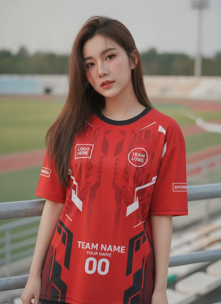 นางแบบใส่เสื้อกีฬาสีแดง ลายเมคาเทค ขาว-ดำ สั่งทำใส่ชื่อ สั่งทำใส่ชื่อทีม