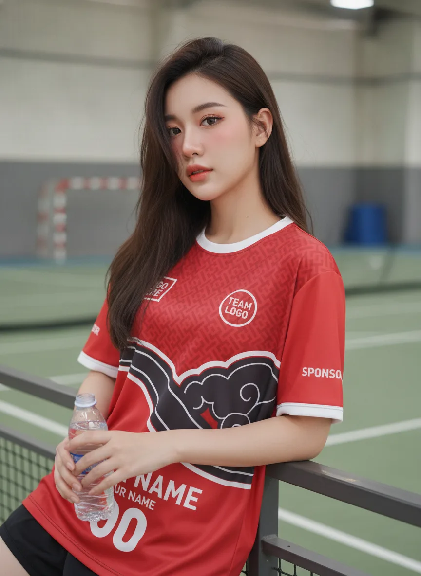 เสื้อกีฬาสีแดง ลายเมฆจีนมงคล ดำ-ขาว สั่งทำ มุมที่ 2 เสื้อกีฬาสีแดง ลายเมฆจีนมงคล ดำ-ขาว สั่งทำ มุมที่ 2