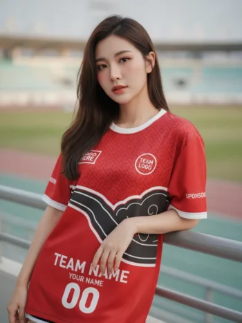 นางแบบใส่เสื้อกีฬาสีแดง ลายเมฆจีนมงคล ดำ-ขาว สั่งทำ สั่งทำใส่ชื่อทีม