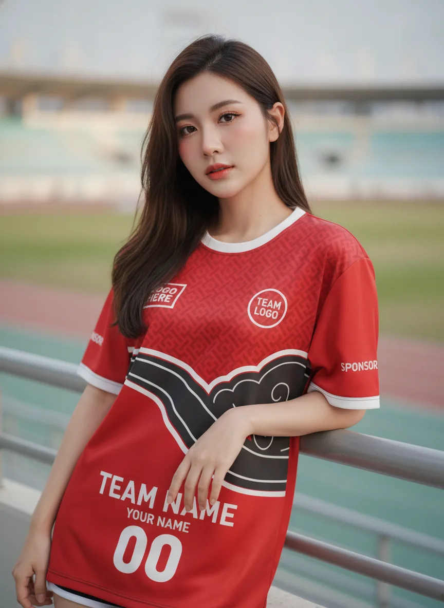 นางแบบใส่เสื้อกีฬาสีแดง ลายเมฆจีนมงคล ดำ-ขาว สั่งทำ สั่งทำใส่ชื่อทีม