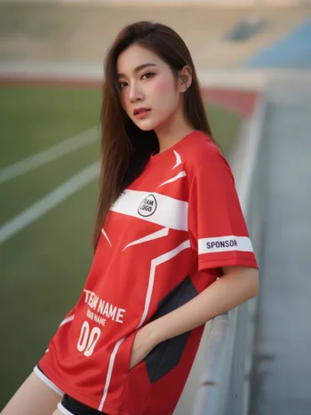 นางแบบใส่เสื้อกีฬาสีแดง ลายเส้นสไปเดอร์ มินิมอล สั่งทำ สั่งทำใส่ชื่อทีม