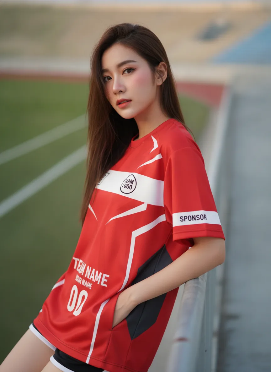 นางแบบใส่เสื้อกีฬาสีแดง ลายเส้นสไปเดอร์ มินิมอล สั่งทำ สั่งทำใส่ชื่อทีม