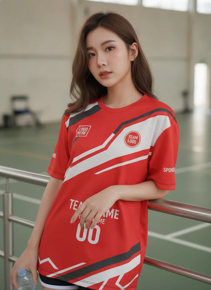 เสื้อกีฬาสีแดง ลายสปีดไลน์เทค ขาว-ดำ สั่งทำ มุมที่ 2 เสื้อกีฬาสีแดง ลายสปีดไลน์เทค ขาว-ดำ สั่งทำ มุมที่ 2
