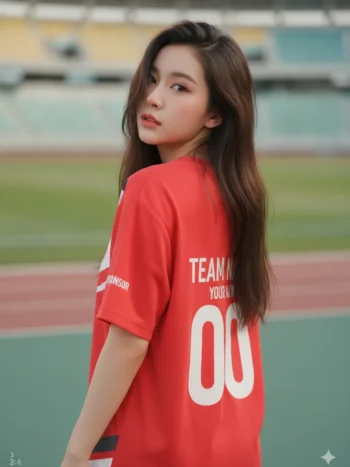 เสื้อกีฬาสีแดง ลายสปีดไลน์เทค ขาว-ดำ สั่งทำ ด้านหลัง
