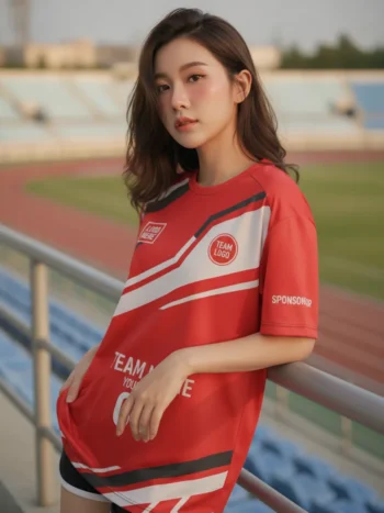 นางแบบใส่เสื้อกีฬาสีแดง ลายสปีดไลน์เทค ขาว-ดำ สั่งทำ สั่งทำใส่ชื่อทีม