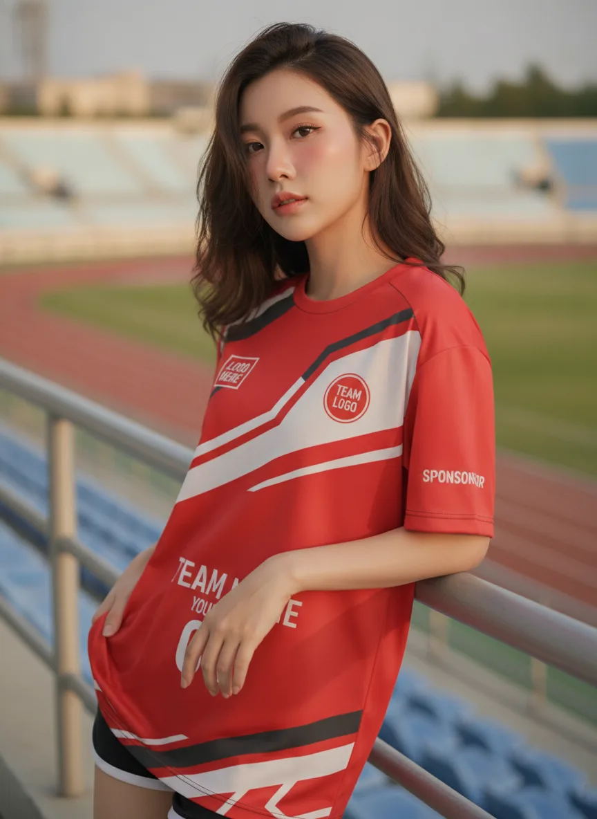 นางแบบใส่เสื้อกีฬาสีแดง ลายสปีดไลน์เทค ขาว-ดำ สั่งทำ สั่งทำใส่ชื่อทีม นางแบบใส่เสื้อกีฬาสีแดง ลายสปีดไลน์เทค ขาว-ดำ สั่งทำ สั่งทำใส่ชื่อทีม
