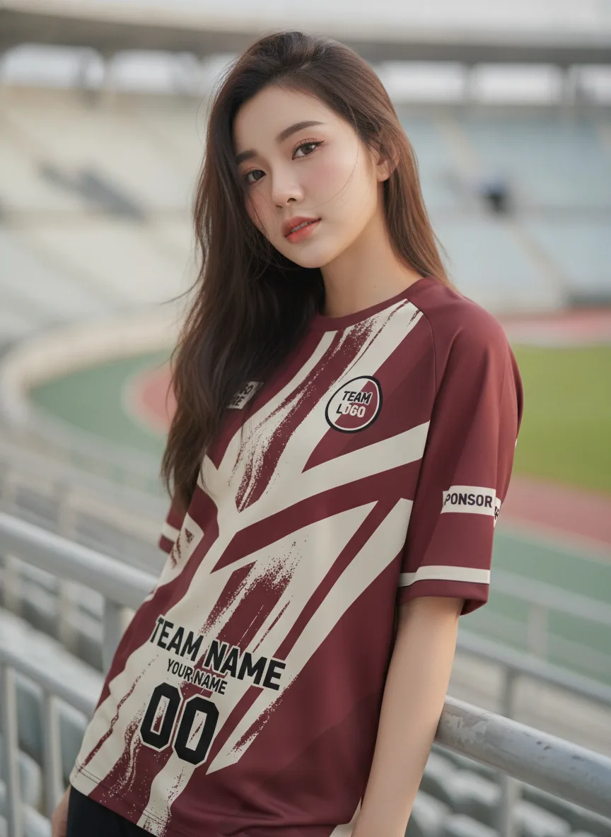 นางแบบใส่เสื้อกีฬาสีแดงเข้ม ลายแปรงสาดกรันจ์ สั่งทำ สั่งทำใส่ชื่อทีม
