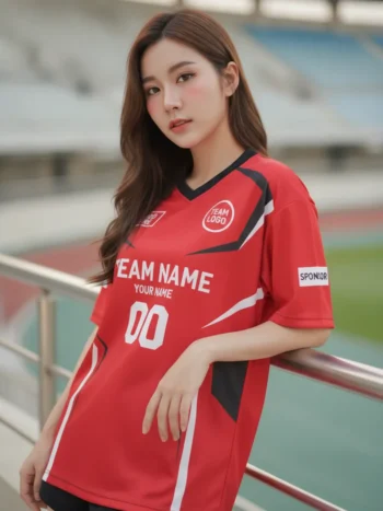 นางแบบใส่เสื้อกีฬาสีแดง ลาย X สไปก์ อีสปอร์ต ขาว สั่งทำ สั่งทำใส่ชื่อทีม