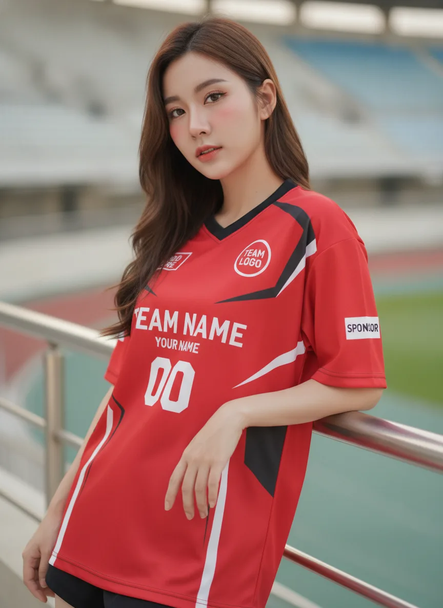 นางแบบใส่เสื้อกีฬาสีแดง ลาย X สไปก์ อีสปอร์ต ขาว สั่งทำ สั่งทำใส่ชื่อทีม