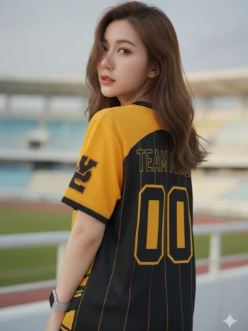 เสื้อกีฬาสีเหลือง ลายลูกศรเรขาคณิต เหลือง-ดำ สั่งทำ ด้านหลัง