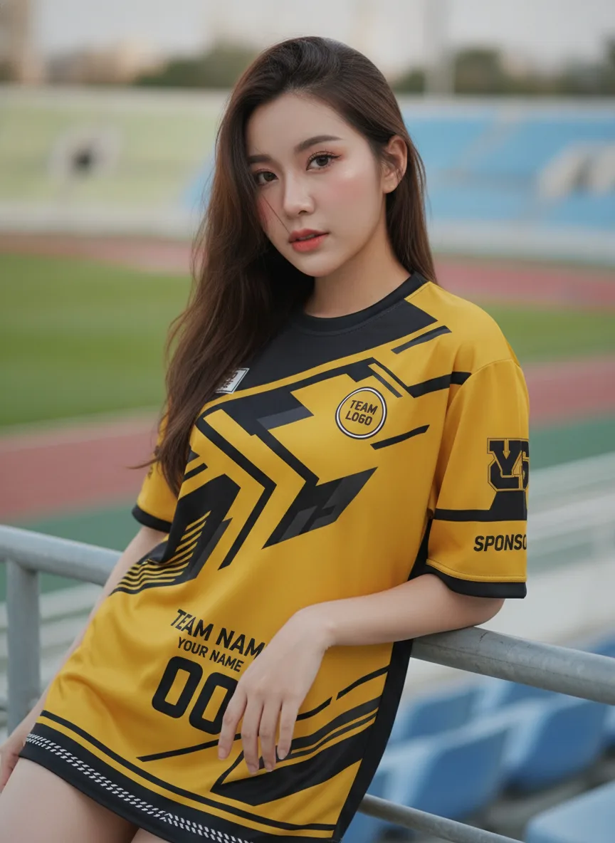 นางแบบใส่เสื้อกีฬาสีเหลือง ลายลูกศรเรขาคณิต เหลือง-ดำ สั่งทำ สั่งทำใส่ชื่อทีม