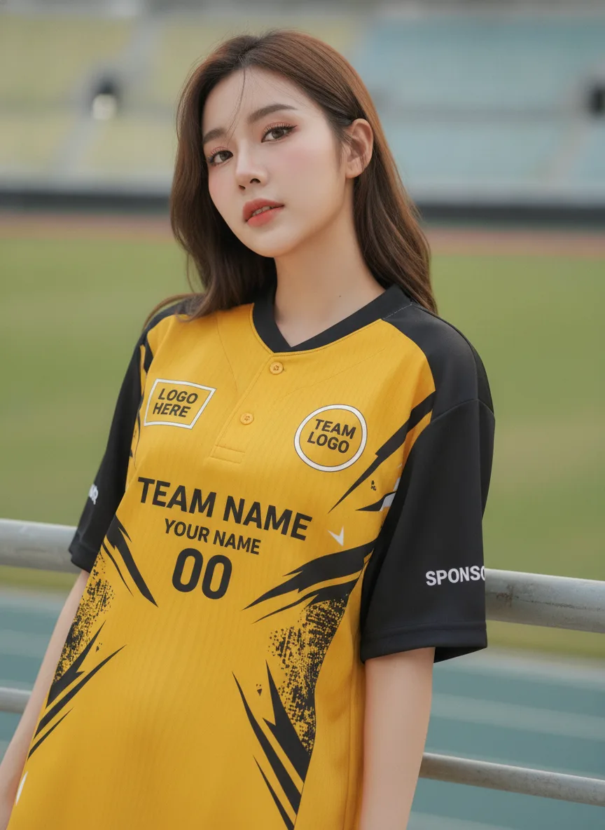 นางแบบใส่เสื้อกีฬาสีเหลือง ลายเชฟรอนแปรง เหลือง-ดำ สั่งทำ สั่งทำใส่ชื่อทีม