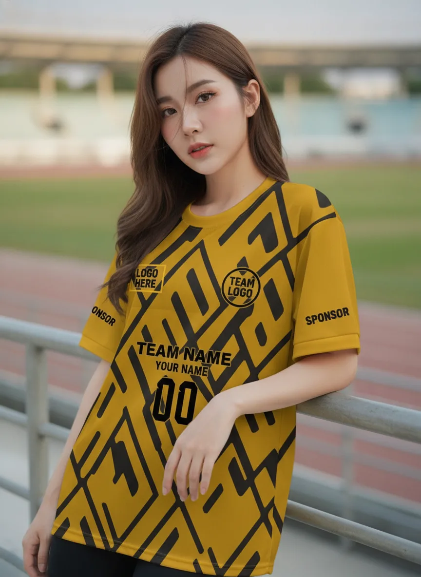 นางแบบใส่เสื้อกีฬาสีเหลือง ลายอาร์ตเดโค ข้าวหลามตัด สั่งทำ สั่งทำใส่ชื่อทีม