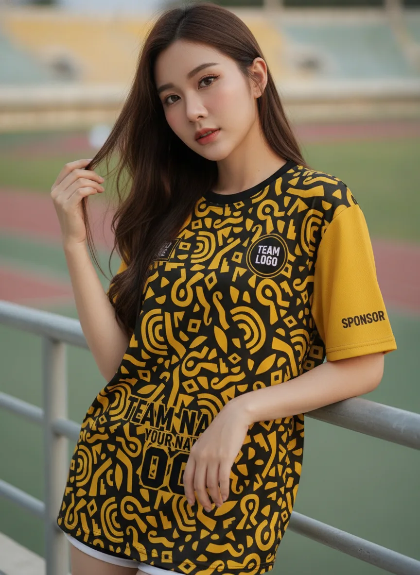 นางแบบใส่เสื้อกีฬาสีเหลือง ลายดูเดิลอาร์ต เหลือง-ดำ สั่งทำ สั่งทำใส่ชื่อทีม