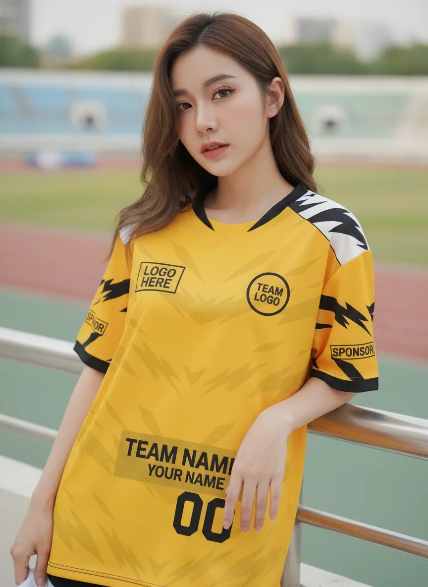 นางแบบใส่เสื้อกีฬาสีเหลือง ลายขนนกสไปก์ เหลือง-ดำ สั่งทำ สั่งทำใส่ชื่อทีม