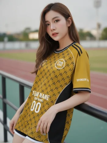 นางแบบใส่เสื้อกีฬาสีเหลือง ลายขนนกเรียง เหลือง-ดำ สั่งทำ สั่งทำใส่ชื่อทีม