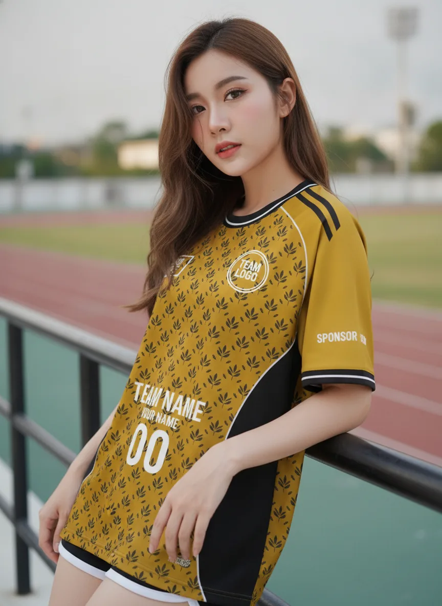 นางแบบใส่เสื้อกีฬาสีเหลือง ลายขนนกเรียง เหลือง-ดำ สั่งทำ สั่งทำใส่ชื่อทีม